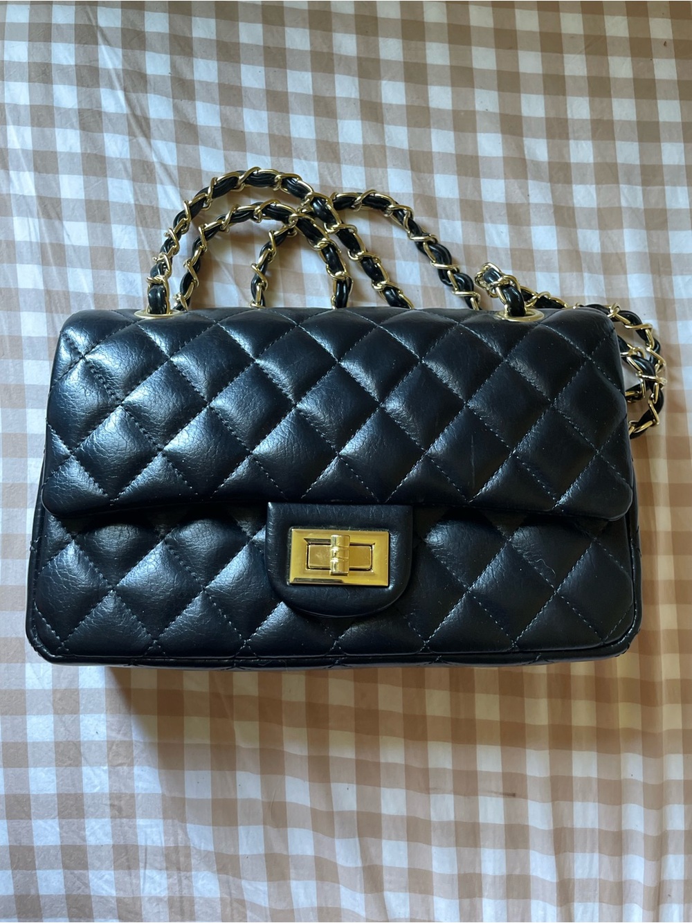 Black Quilted Chain Shoulder Bag with Gold Hardware